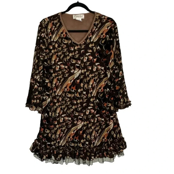 Lady Noiz Dresses & Skirts - Lady Noiz Women's 3/4 Ruffle Sleeve V-Neck Brown Cheetah Dress Size XL GUC